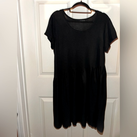 Peruvian Connection Black Short Sleeve asymmetrical waist Dress L minimalist - Picture 1 of 8